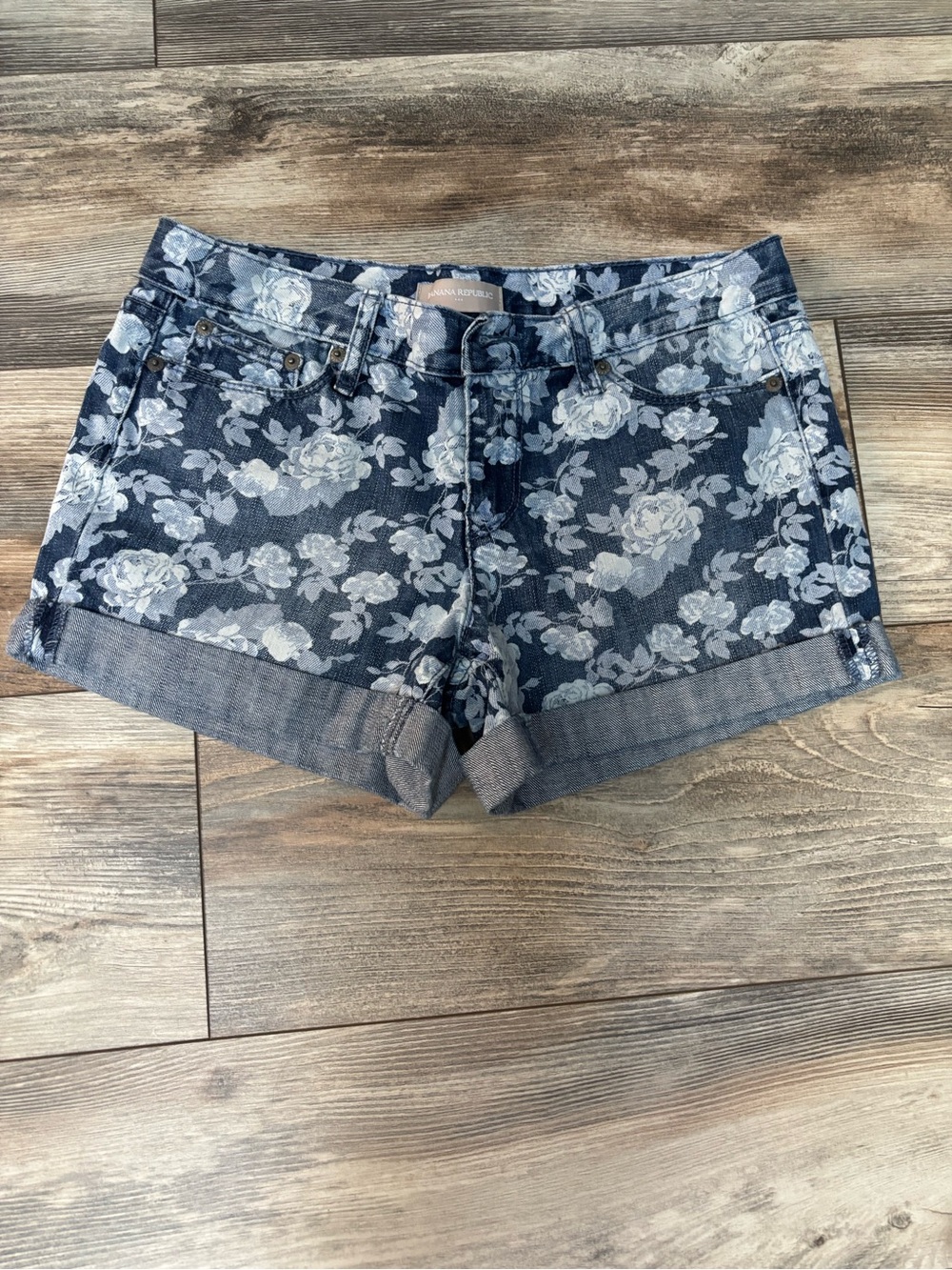 Banana Republic Navy Floral Denim Cuffed Shorts